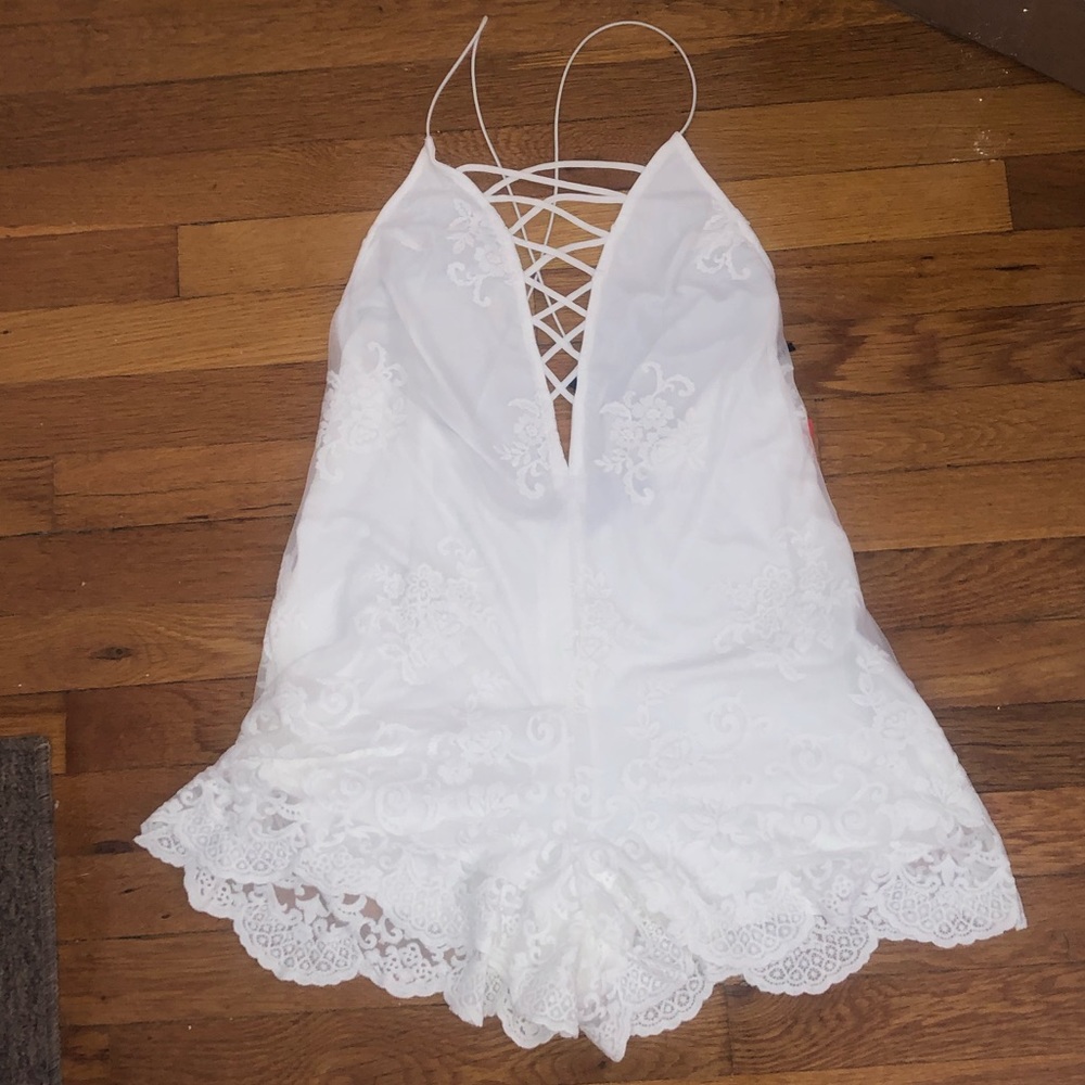 FOREVER 21 floral embroidered cross cross romper